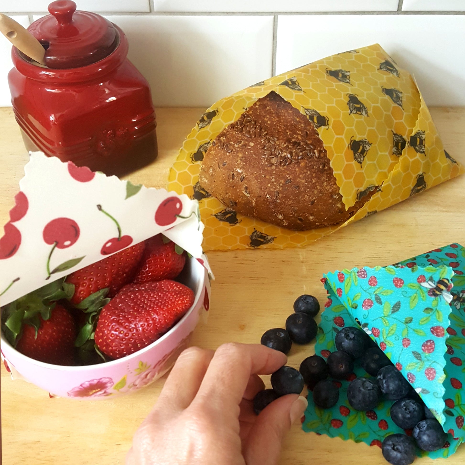 *Set of 3 Handmade Beeswax Wraps | Bees & Cherries-1