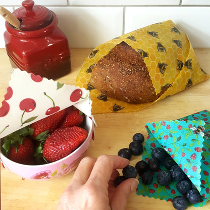 *Set of 3 Handmade Beeswax Wraps | Bees & Cherries-1