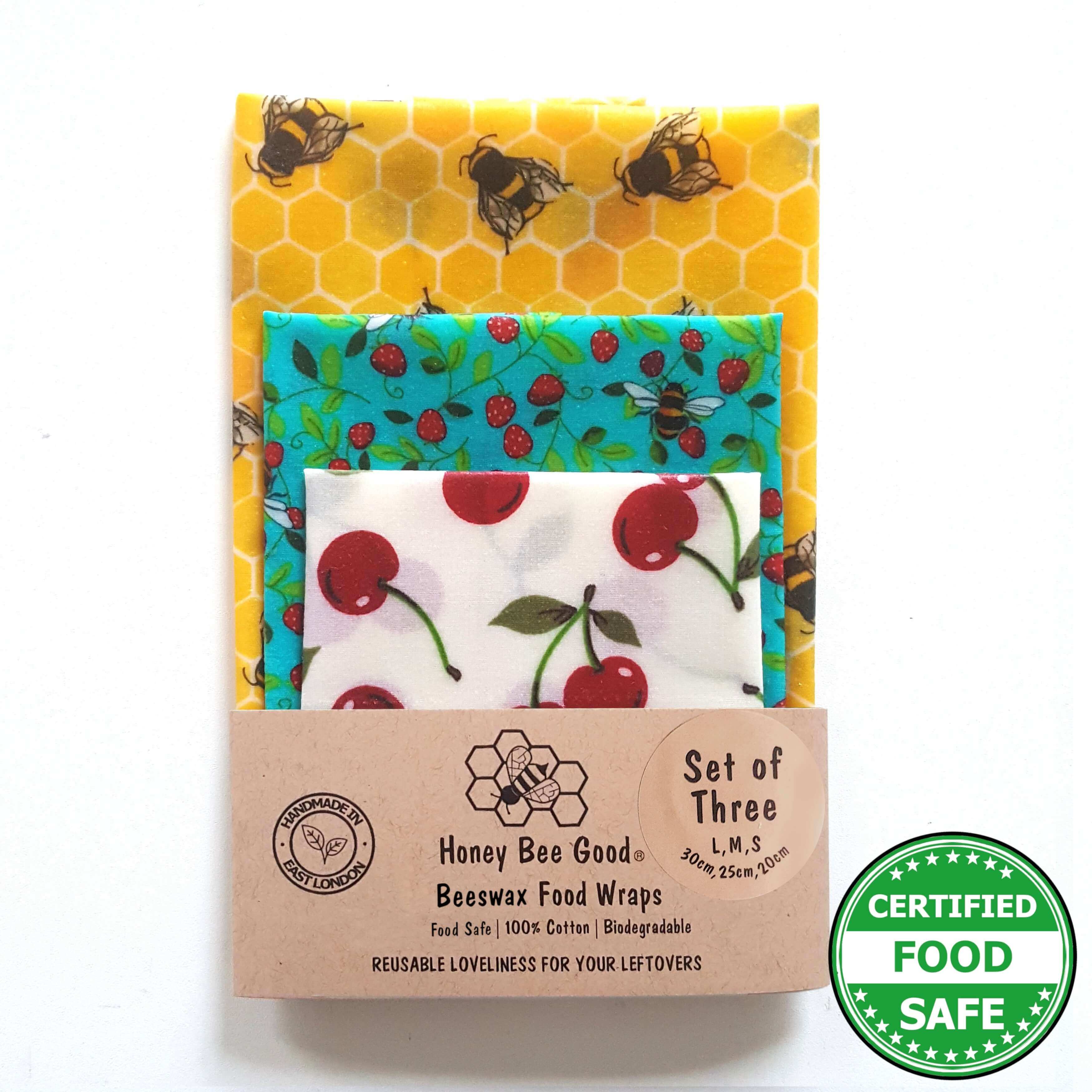 *Set of 3 Handmade Beeswax Wraps | Bees & Cherries-0
