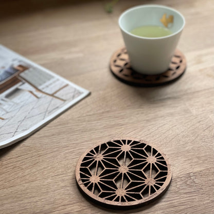 Japanese Patterns Upcycled Teak Wood Coasters - Individual / Set of 4-1
